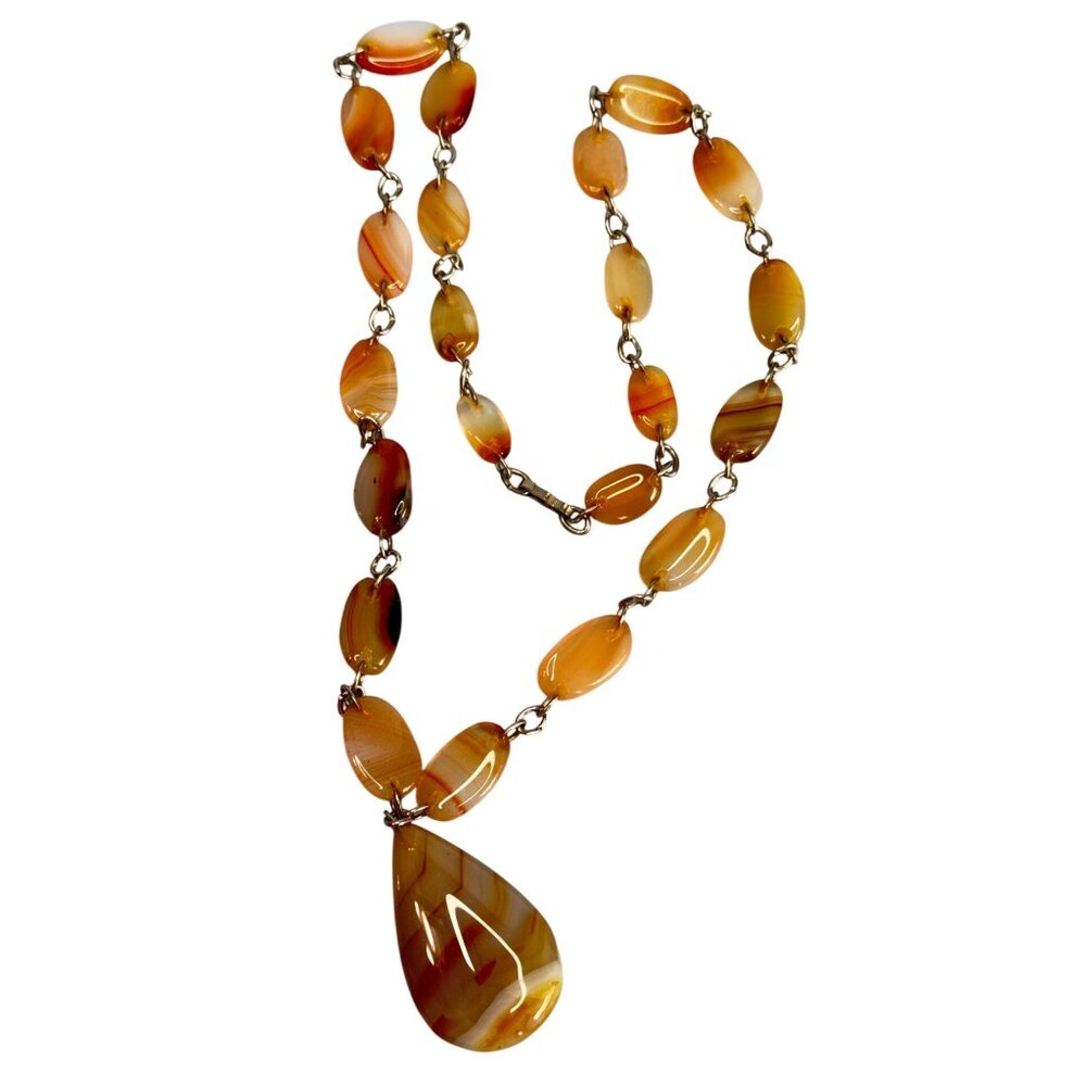 Vintage Carnelian Agate Necklace with Teardrop Pendant Hand Cut Gemstone Beads - Picture 2 of 5